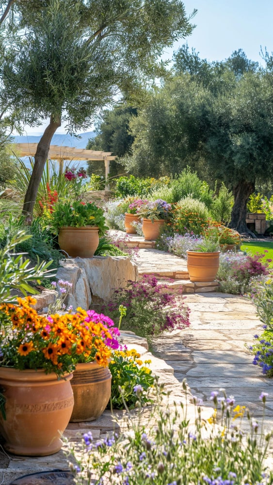 Camino escalonado de piedra de jardin mediterraneo